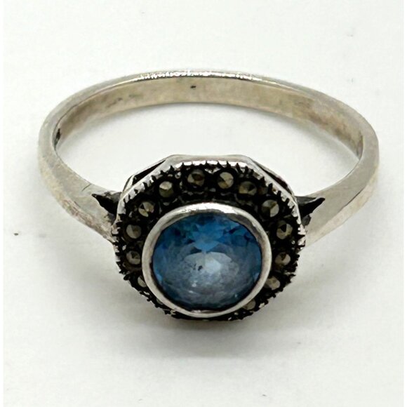 Vintage Sterling Silver Ring Blue Stone Marcasite Art Deco Revival1980s Size 7 - Picture 8 of 12